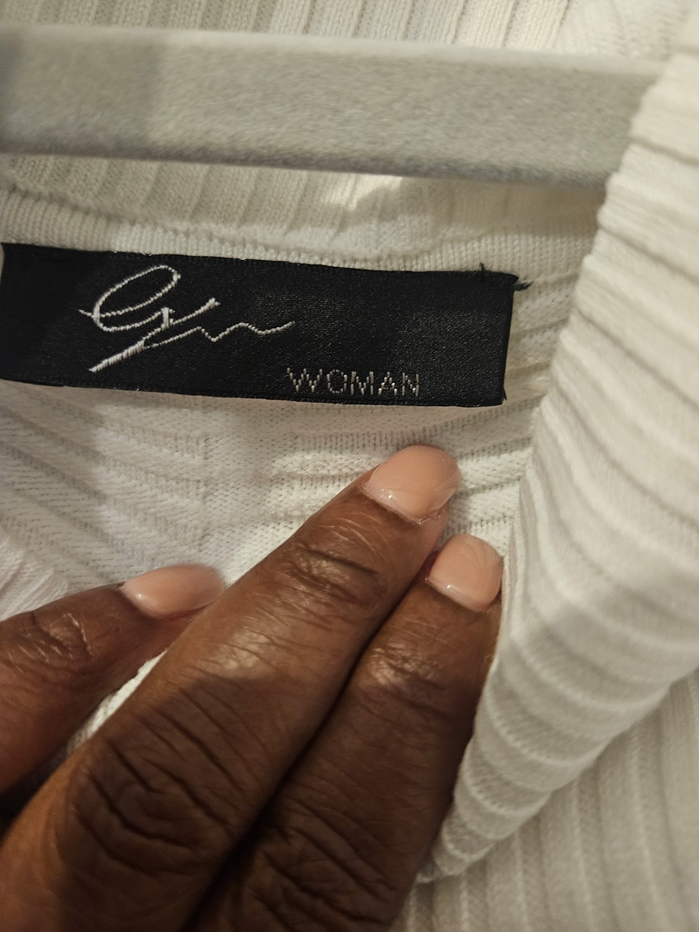 White Ribbed Knit Top with 'Woman' Label